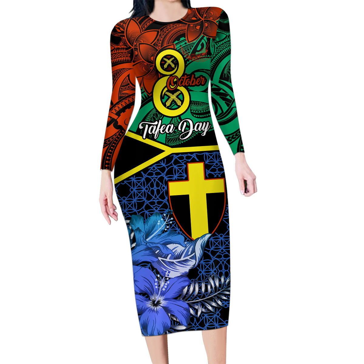 Personalised Tafea Day Family Matching Long Sleeve Bodycon Dress and Hawaiian Shirt Vanuatu Sand Drawing With Polynesian Pattern LT9 Mom's Dress Blue - Polynesian Pride