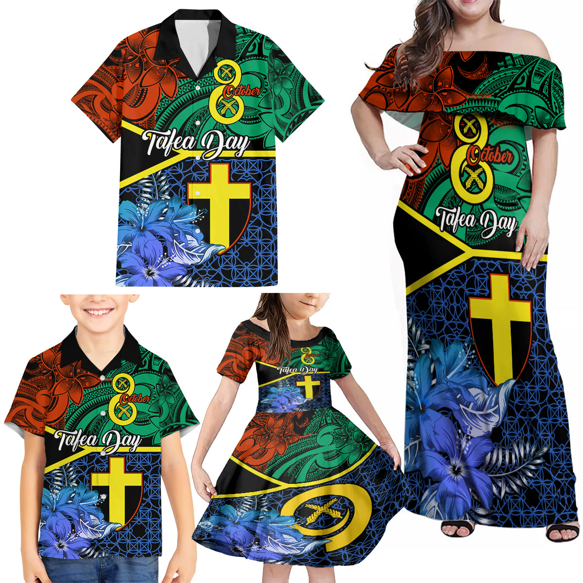 Personalised Tafea Day Family Matching Off Shoulder Maxi Dress and Hawaiian Shirt Vanuatu Sand Drawing With Polynesian Pattern LT9 - Polynesian Pride