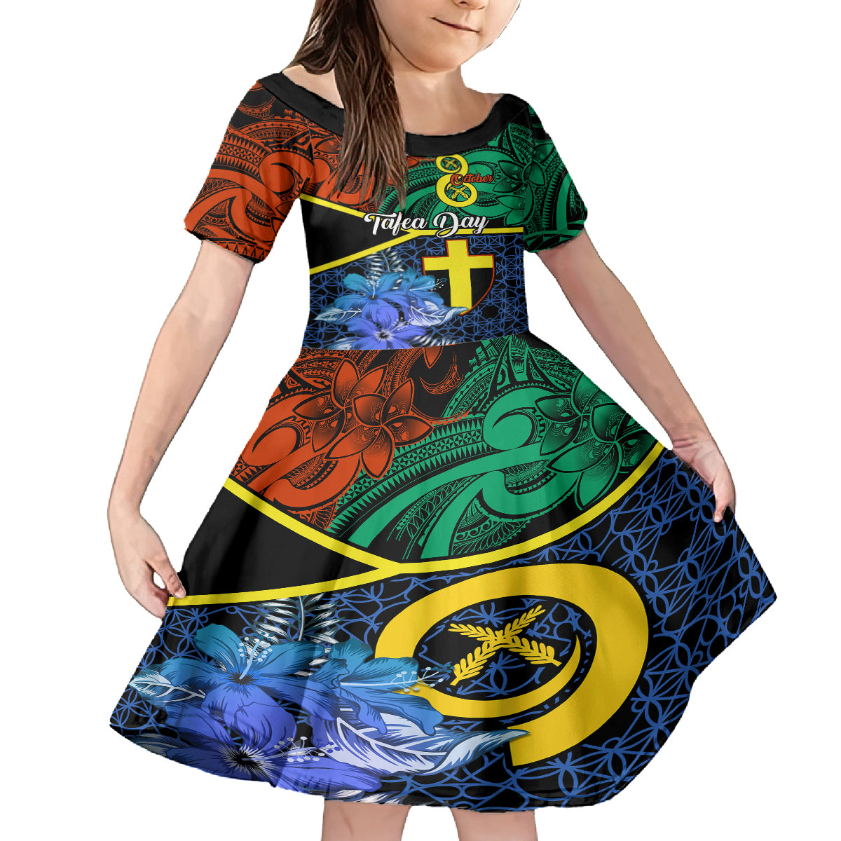 Personalised Tafea Day Family Matching Off Shoulder Short Dress and Hawaiian Shirt Vanuatu Sand Drawing With Polynesian Pattern LT9 Daughter's Dress Blue - Polynesian Pride