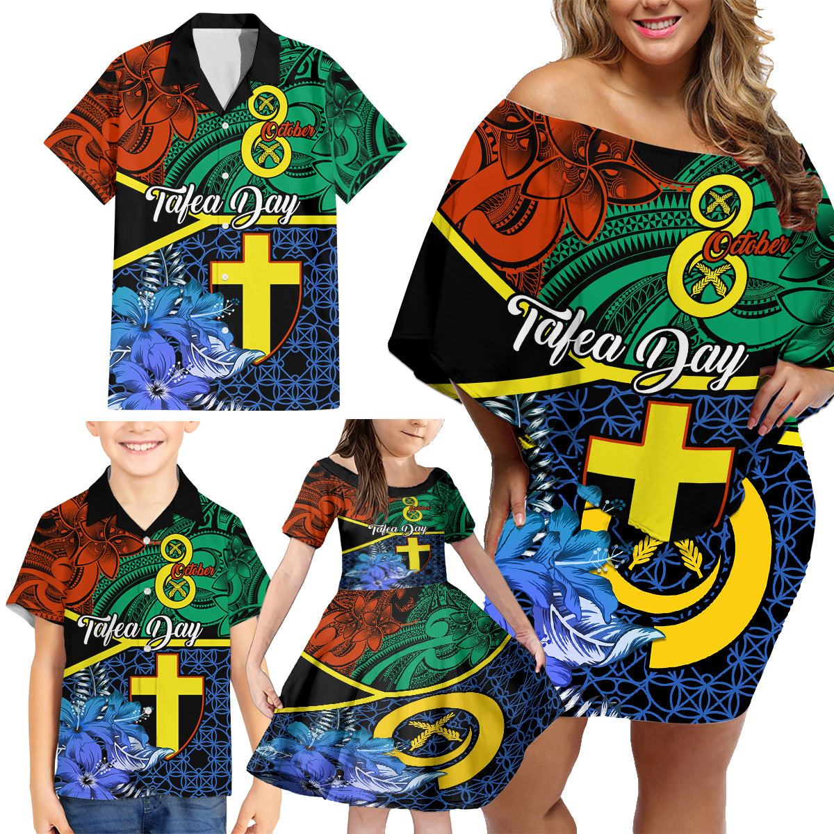 Personalised Tafea Day Family Matching Off Shoulder Short Dress and Hawaiian Shirt Vanuatu Sand Drawing With Polynesian Pattern LT9 - Polynesian Pride