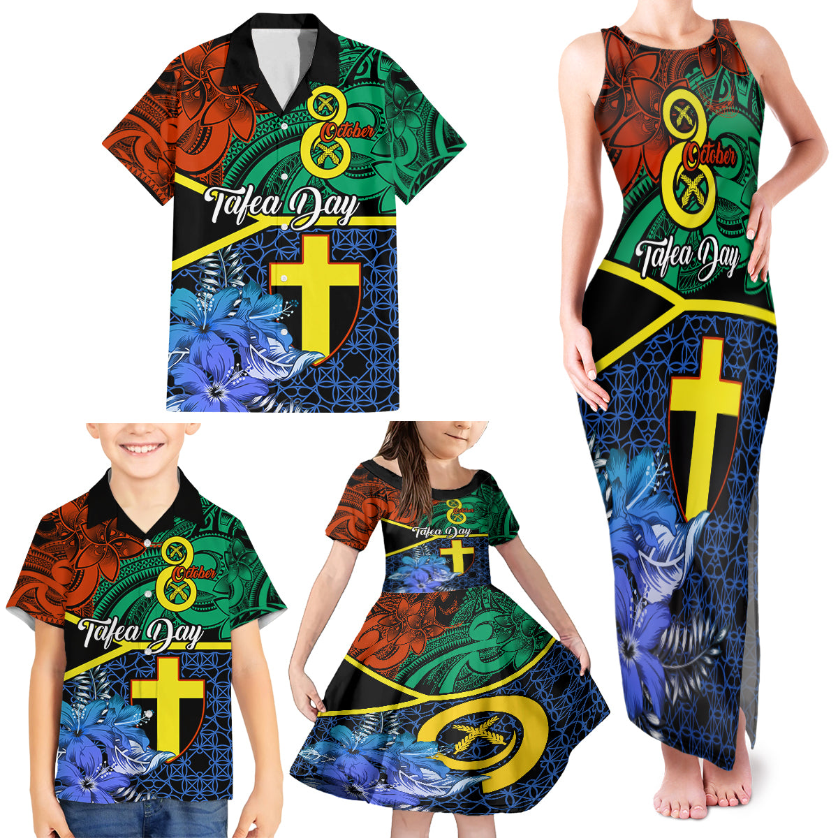 Personalised Tafea Day Family Matching Tank Maxi Dress and Hawaiian Shirt Vanuatu Sand Drawing With Polynesian Pattern LT9 - Polynesian Pride