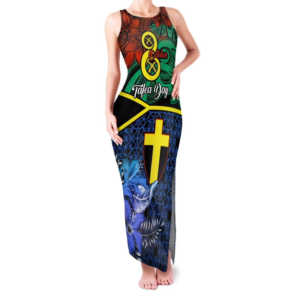 Personalised Tafea Day Family Matching Tank Maxi Dress and Hawaiian Shirt Vanuatu Sand Drawing With Polynesian Pattern LT9 Mom's Dress Blue - Polynesian Pride