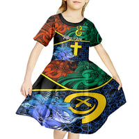Personalised Tafea Day Kid Short Sleeve Dress Vanuatu Sand Drawing With Polynesian Pattern LT9 - Polynesian Pride