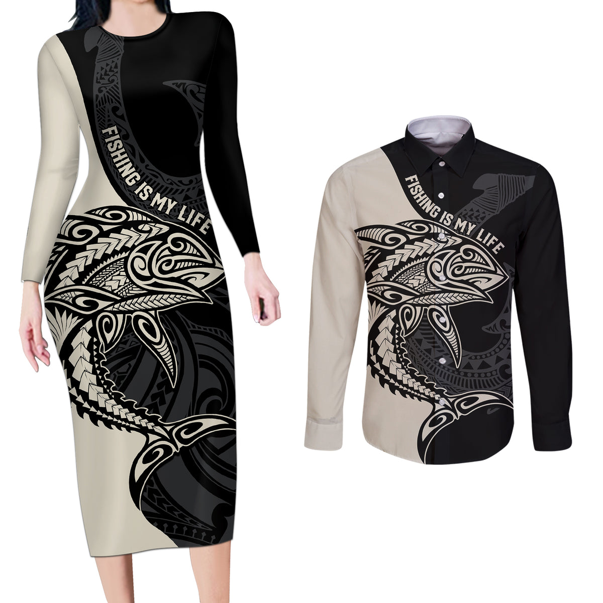 Personalised Polynesia Fishing Couples Matching Long Sleeve Bodycon Dress and Long Sleeve Button Shirts With Maori Hei Matau Fish Hook Gold Art LT9 Gold - Polynesian Pride