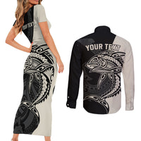 Personalised Polynesia Fishing Couples Matching Short Sleeve Bodycon Dress and Long Sleeve Button Shirts With Maori Hei Matau Fish Hook Gold Art LT9 - Polynesian Pride