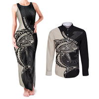 Personalised Polynesia Fishing Couples Matching Tank Maxi Dress and Long Sleeve Button Shirts With Maori Hei Matau Fish Hook Gold Art LT9 Gold - Polynesian Pride