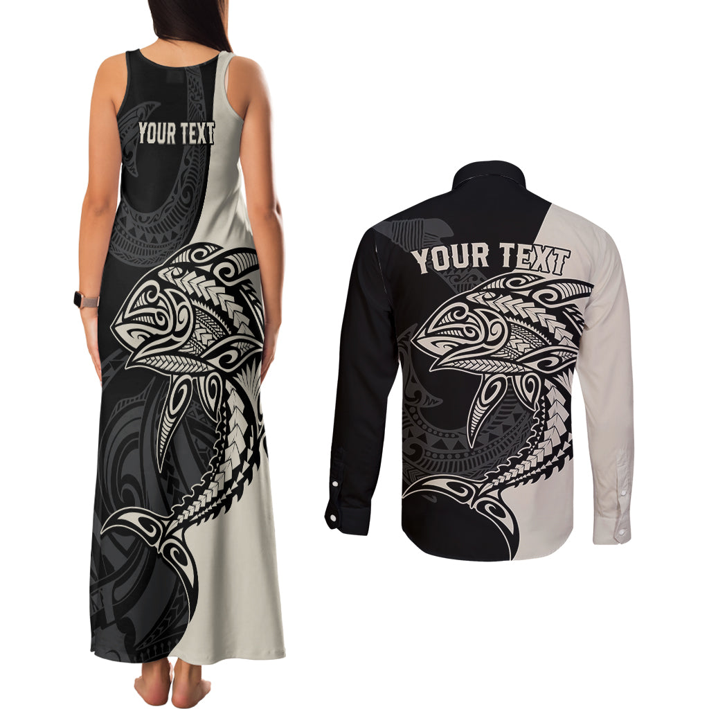 Personalised Polynesia Fishing Couples Matching Tank Maxi Dress and Long Sleeve Button Shirts With Maori Hei Matau Fish Hook Gold Art LT9 - Polynesian Pride