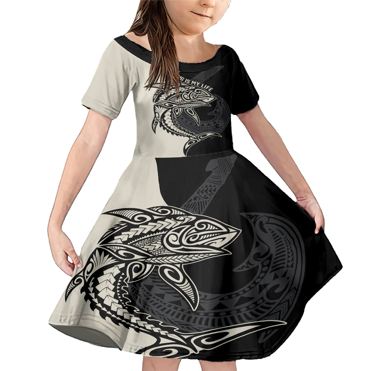 Personalised Polynesia Fishing Family Matching Mermaid Dress and Hawaiian Shirt With Maori Hei Matau Fish Hook Gold Art LT9 Daughter's Dress Gold - Polynesian Pride
