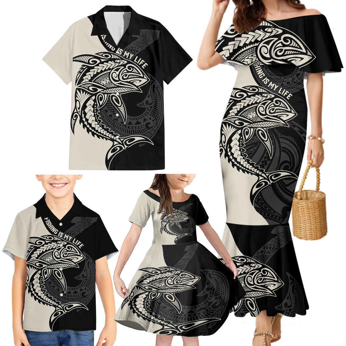 Personalised Polynesia Fishing Family Matching Mermaid Dress and Hawaiian Shirt With Maori Hei Matau Fish Hook Gold Art LT9 - Polynesian Pride