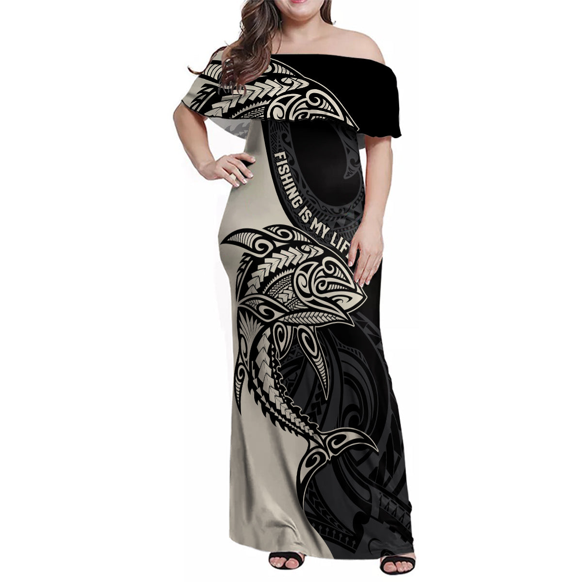 Personalised Polynesia Fishing Family Matching Off Shoulder Maxi Dress and Hawaiian Shirt With Maori Hei Matau Fish Hook Gold Art LT9 Mom's Dress Gold - Polynesian Pride