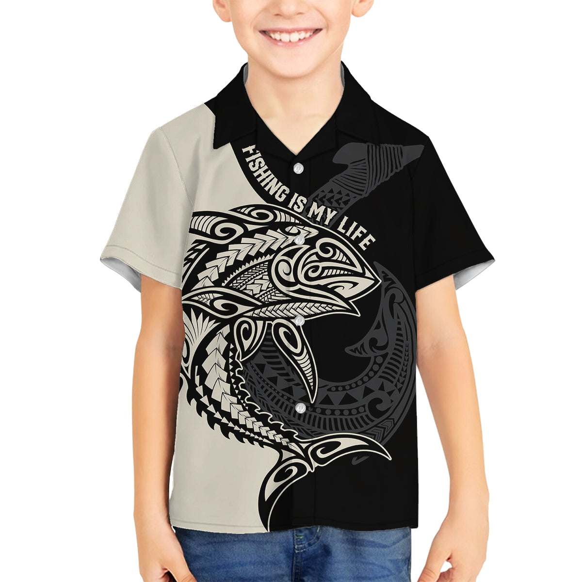 Personalised Polynesia Fishing Family Matching Off Shoulder Maxi Dress and Hawaiian Shirt With Maori Hei Matau Fish Hook Gold Art LT9 Son's Shirt Gold - Polynesian Pride