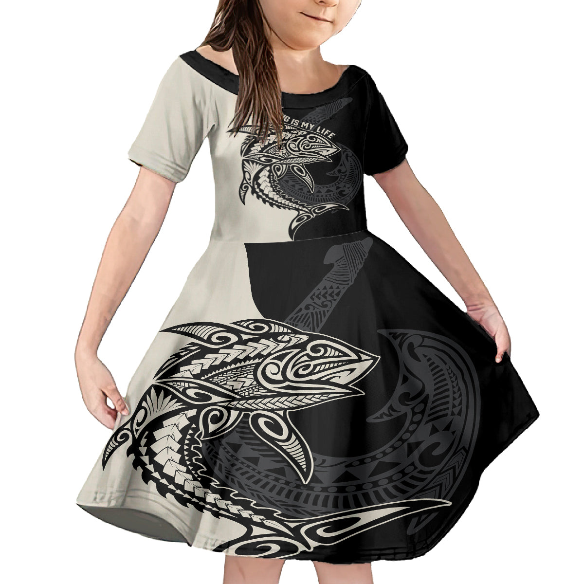 Personalised Polynesia Fishing Family Matching Tank Maxi Dress and Hawaiian Shirt With Maori Hei Matau Fish Hook Gold Art LT9 Daughter's Dress Gold - Polynesian Pride