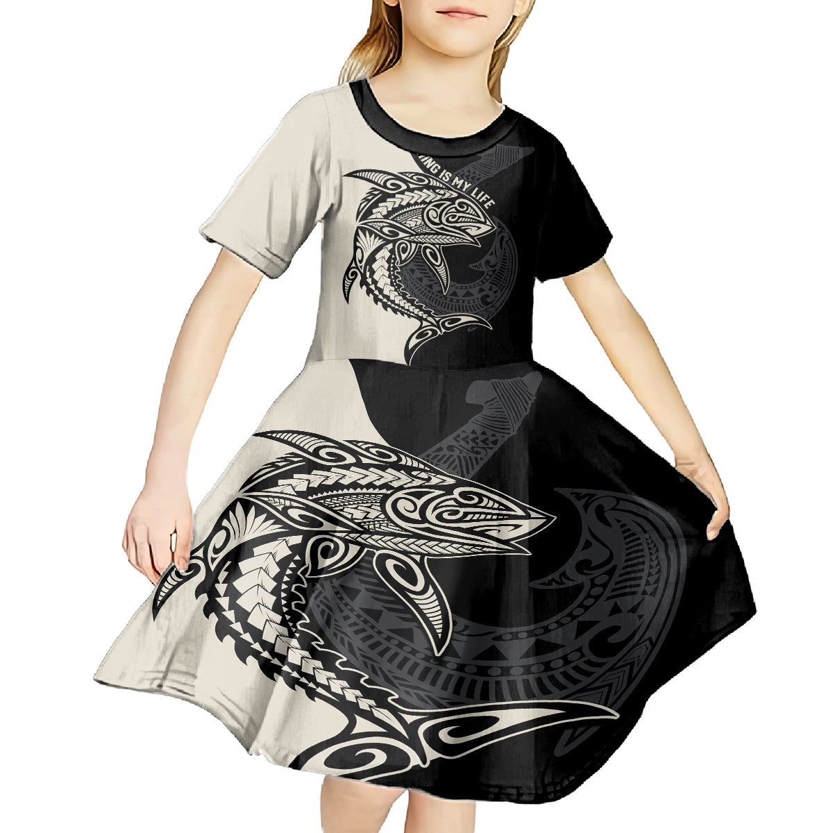 personalised-polynesia-fishing-kid-short-sleeve-dress-with-maori-hei-matau-fish-hook-gold-art