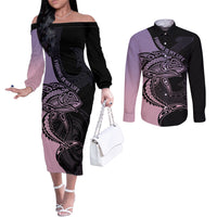 Personalised Polynesia Fishing Couples Matching Off The Shoulder Long Sleeve Dress and Long Sleeve Button Shirts With Maori Hei Matau Fish Hook Pastel Art LT9 Pastel - Polynesian Pride