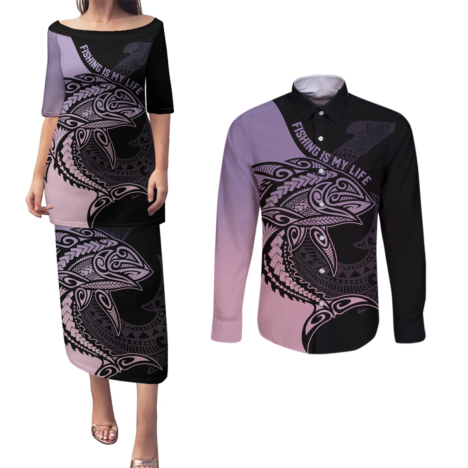 Personalised Polynesia Fishing Couples Matching Puletasi Dress and Long Sleeve Button Shirts With Maori Hei Matau Fish Hook Pastel Art LT9 Pastel - Polynesian Pride