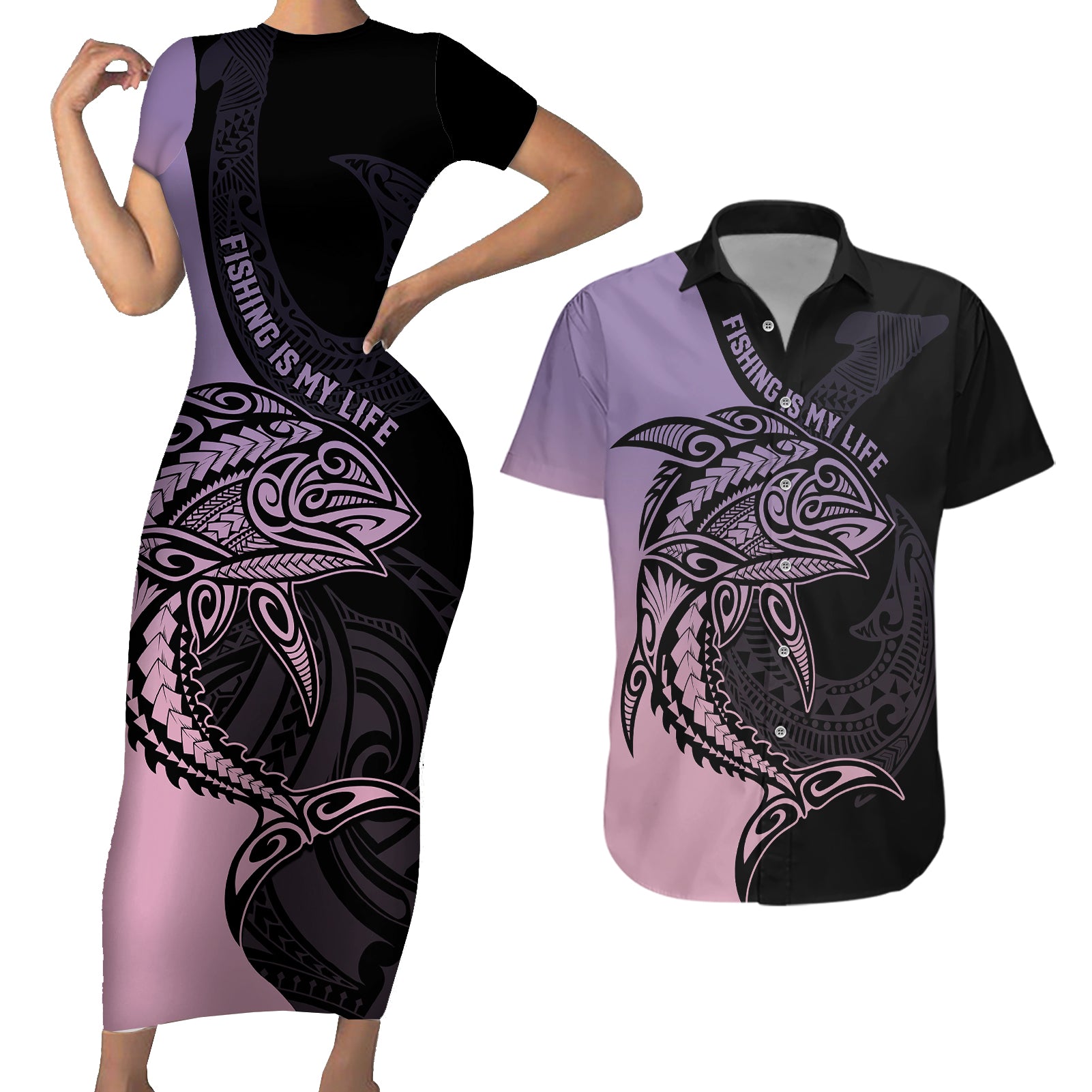 personalised-polynesia-fishing-couples-matching-short-sleeve-bodycon-dress-and-hawaiian-shirt-with-maori-hei-matau-fish-hook-pastel-art