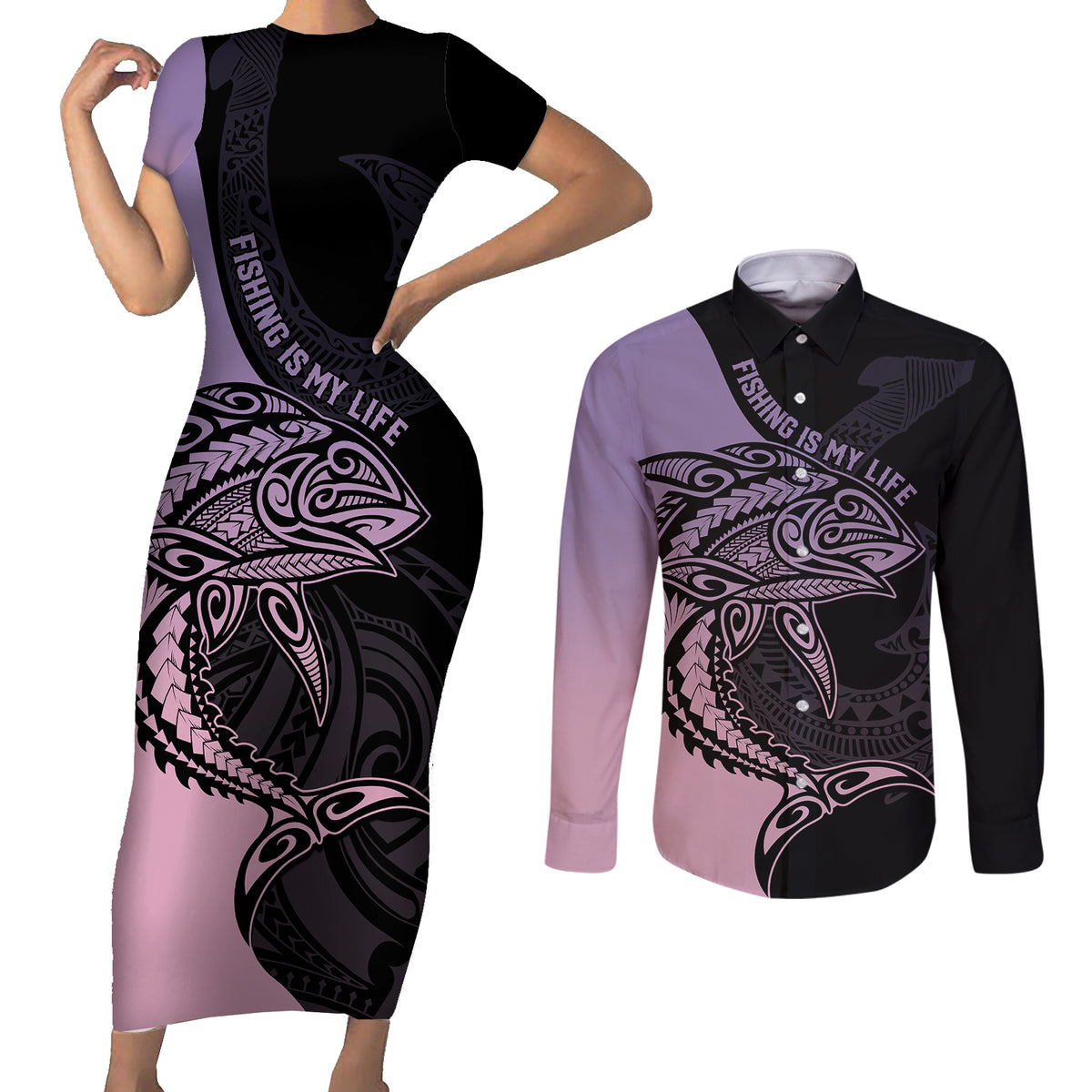 Personalised Polynesia Fishing Couples Matching Short Sleeve Bodycon Dress and Long Sleeve Button Shirts With Maori Hei Matau Fish Hook Pastel Art LT9 Pastel - Polynesian Pride