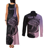 Personalised Polynesia Fishing Couples Matching Tank Maxi Dress and Long Sleeve Button Shirts With Maori Hei Matau Fish Hook Pastel Art LT9 - Polynesian Pride