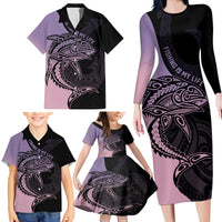 Personalised Polynesia Fishing Family Matching Long Sleeve Bodycon Dress and Hawaiian Shirt With Maori Hei Matau Fish Hook Pastel Art LT9 - Polynesian Pride