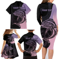 Personalised Polynesia Fishing Family Matching Long Sleeve Bodycon Dress and Hawaiian Shirt With Maori Hei Matau Fish Hook Pastel Art LT9 - Polynesian Pride