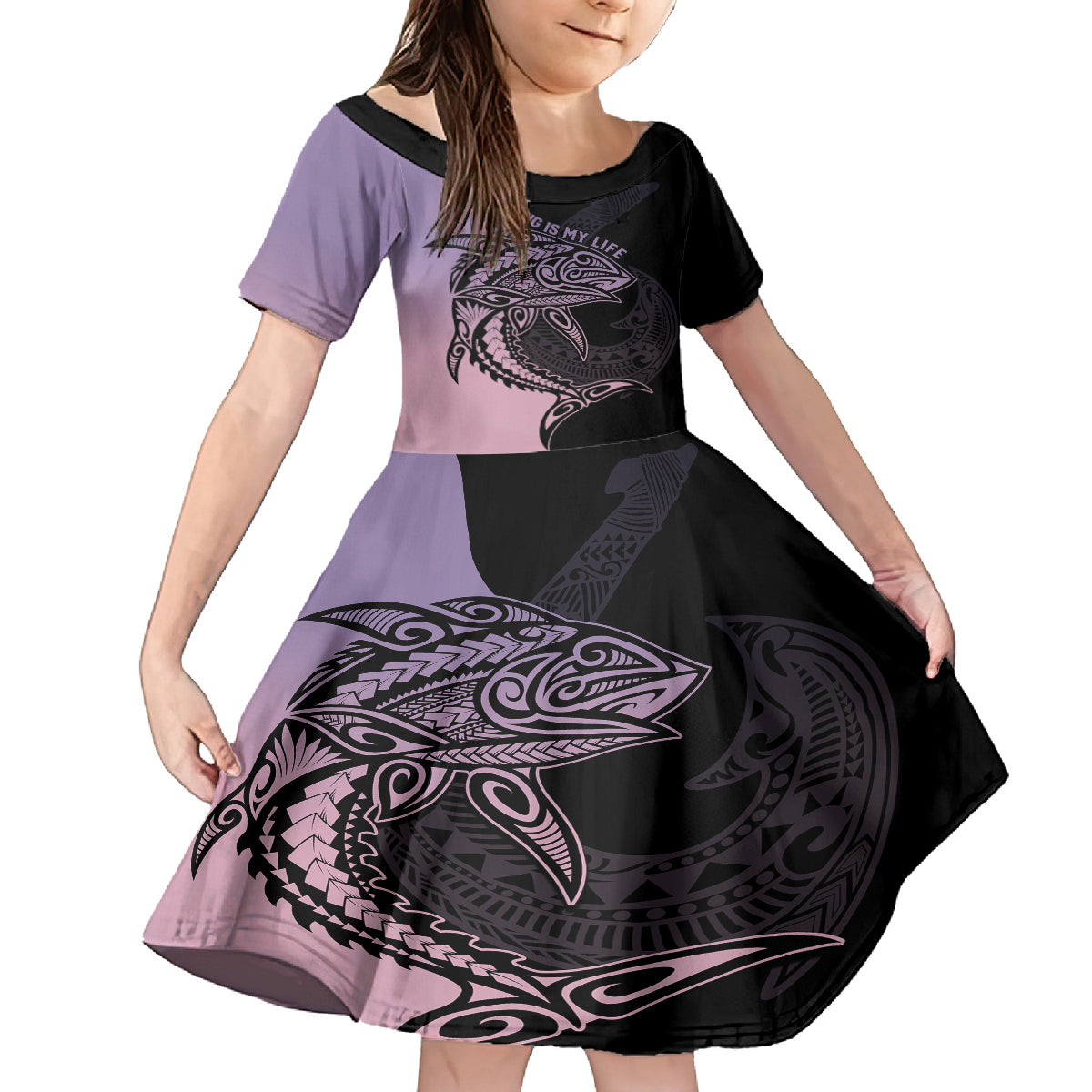 Personalised Polynesia Fishing Family Matching Off Shoulder Maxi Dress and Hawaiian Shirt With Maori Hei Matau Fish Hook Pastel Art LT9 Daughter's Dress Pastel - Polynesian Pride