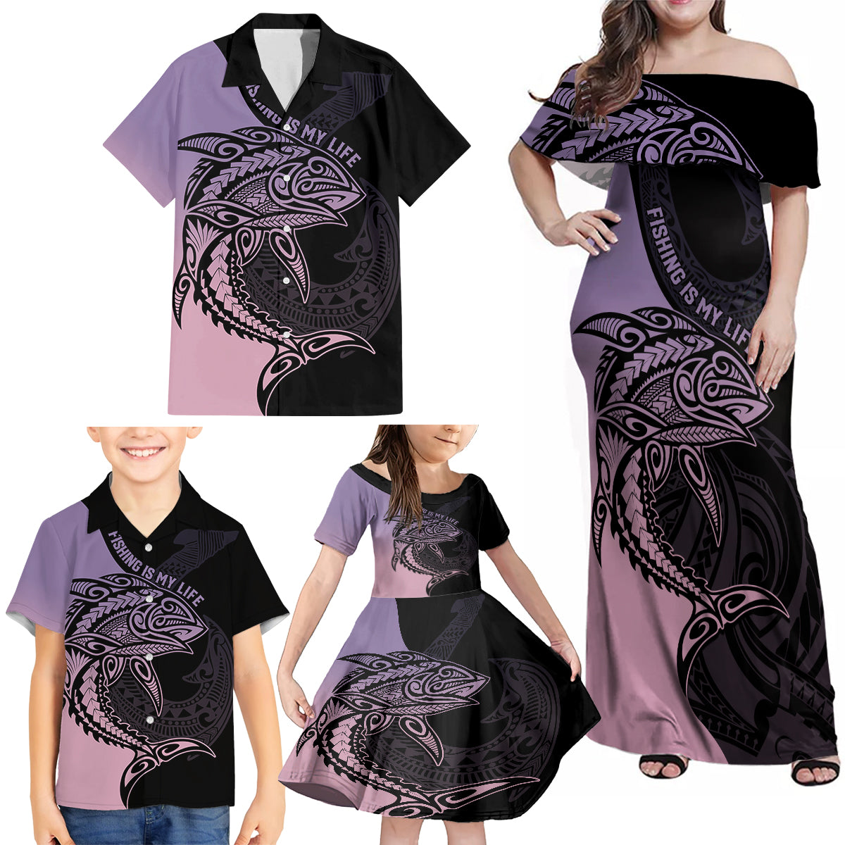 Personalised Polynesia Fishing Family Matching Off Shoulder Maxi Dress and Hawaiian Shirt With Maori Hei Matau Fish Hook Pastel Art LT9 - Polynesian Pride