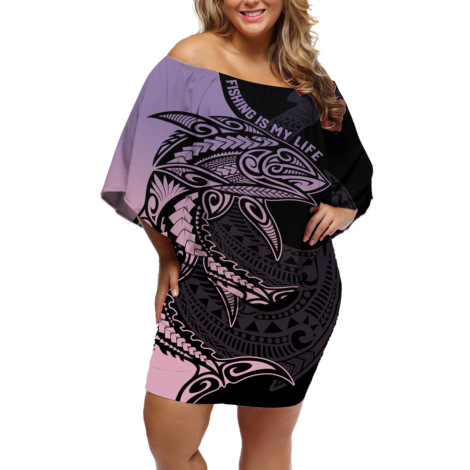 personalised-polynesia-fishing-off-shoulder-short-dress-with-maori-hei-matau-fish-hook-pastel-art