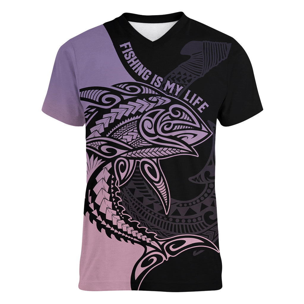 personalised-polynesia-fishing-women-v-neck-t-shirt-with-maori-hei-matau-fish-hook-pastel-art