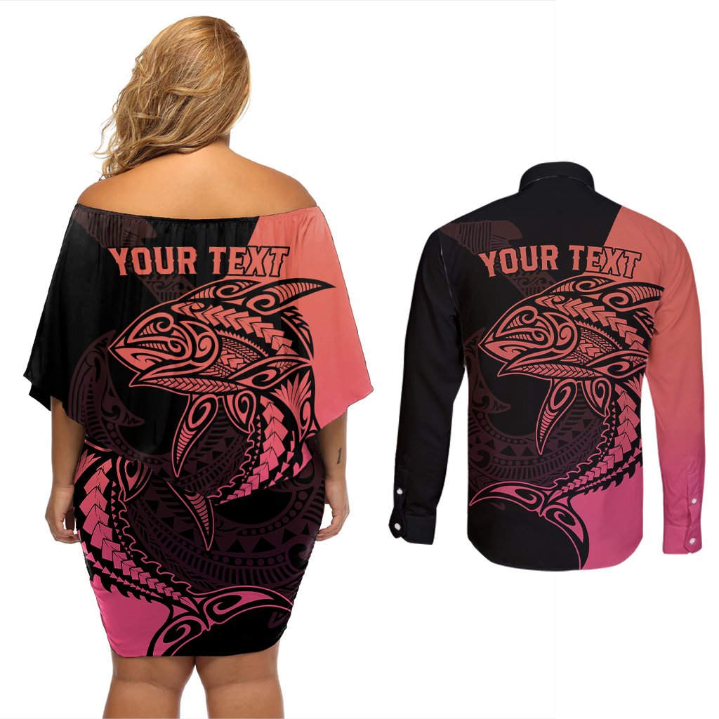 Personalised Polynesia Fishing Couples Matching Off Shoulder Short Dress and Long Sleeve Button Shirts With Maori Hei Matau Fish Hook Pink Art LT9 - Polynesian Pride