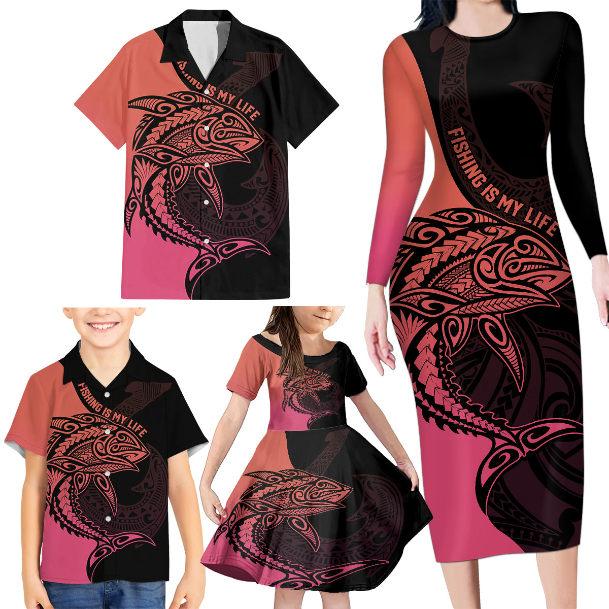 Personalised Polynesia Fishing Family Matching Long Sleeve Bodycon Dress and Hawaiian Shirt With Maori Hei Matau Fish Hook Pink Art LT9 - Polynesian Pride