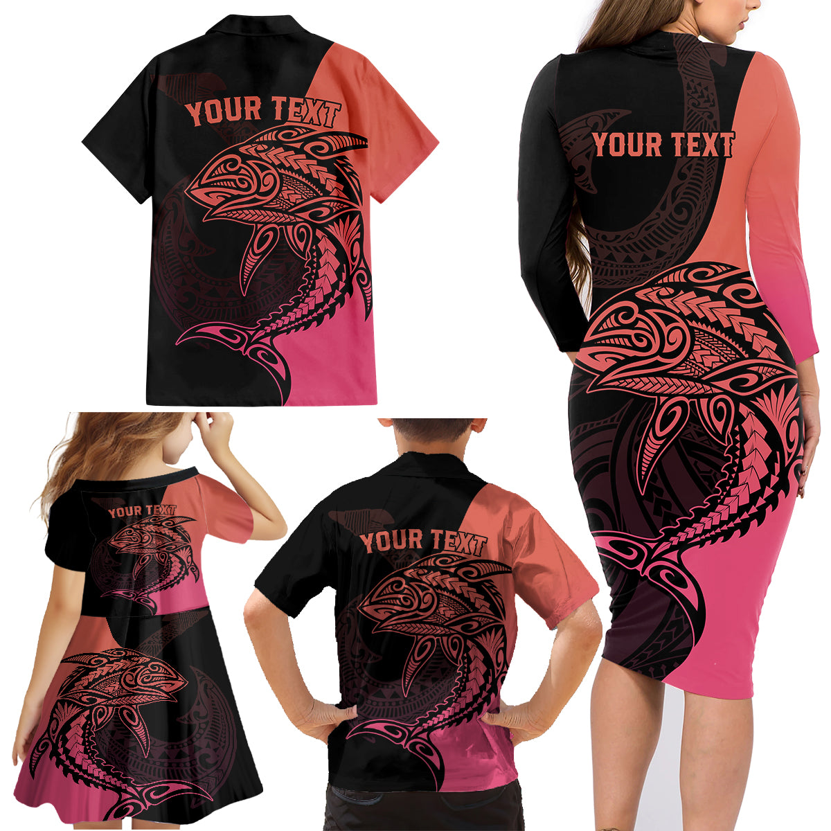 Personalised Polynesia Fishing Family Matching Long Sleeve Bodycon Dress and Hawaiian Shirt With Maori Hei Matau Fish Hook Pink Art LT9 - Polynesian Pride