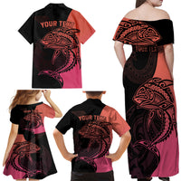 Personalised Polynesia Fishing Family Matching Off Shoulder Maxi Dress and Hawaiian Shirt With Maori Hei Matau Fish Hook Pink Art LT9 - Polynesian Pride