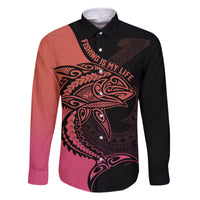 Personalised Polynesia Fishing Family Matching Off Shoulder Maxi Dress and Hawaiian Shirt With Maori Hei Matau Fish Hook Pink Art LT9 Dad's Shirt - Long Sleeve Pink - Polynesian Pride
