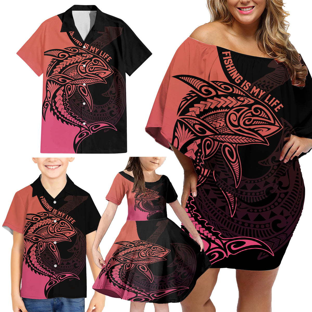 Personalised Polynesia Fishing Family Matching Off Shoulder Short Dress and Hawaiian Shirt With Maori Hei Matau Fish Hook Pink Art LT9 - Polynesian Pride