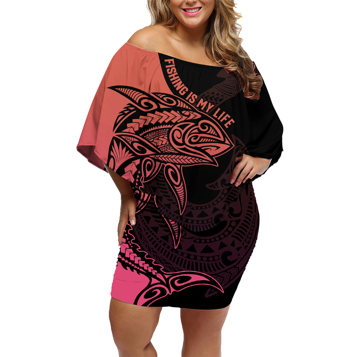 Personalised Polynesia Fishing Family Matching Off Shoulder Short Dress and Hawaiian Shirt With Maori Hei Matau Fish Hook Pink Art LT9 Mom's Dress Pink - Polynesian Pride