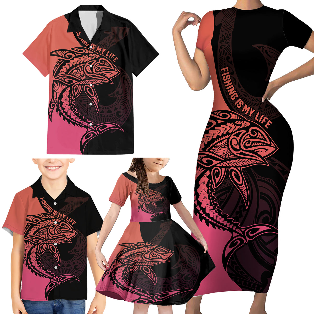Personalised Polynesia Fishing Family Matching Short Sleeve Bodycon Dress and Hawaiian Shirt With Maori Hei Matau Fish Hook Pink Art LT9 - Polynesian Pride