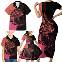 Personalised Polynesia Fishing Family Matching Short Sleeve Bodycon Dress and Hawaiian Shirt With Maori Hei Matau Fish Hook Pink Art LT9 - Polynesian Pride