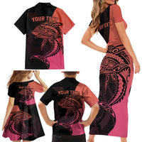 Personalised Polynesia Fishing Family Matching Short Sleeve Bodycon Dress and Hawaiian Shirt With Maori Hei Matau Fish Hook Pink Art LT9 - Polynesian Pride