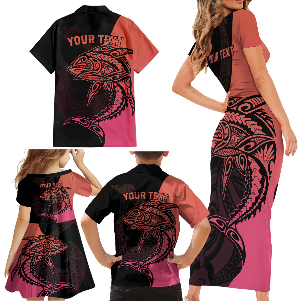 Personalised Polynesia Fishing Family Matching Short Sleeve Bodycon Dress and Hawaiian Shirt With Maori Hei Matau Fish Hook Pink Art LT9 - Polynesian Pride