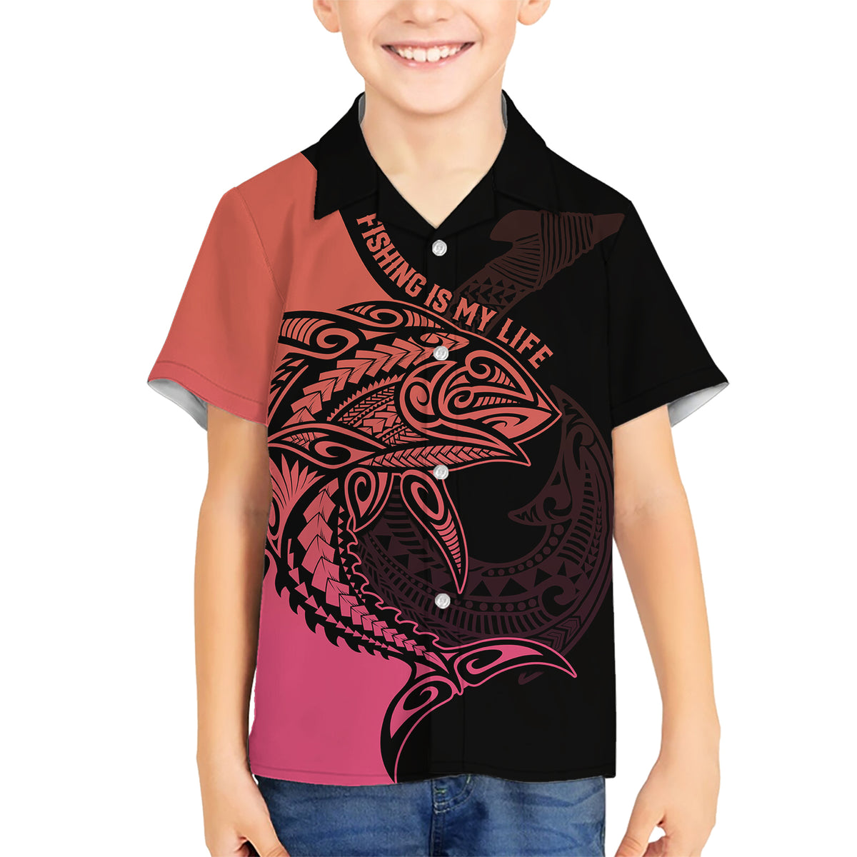 Personalised Polynesia Fishing Family Matching Short Sleeve Bodycon Dress and Hawaiian Shirt With Maori Hei Matau Fish Hook Pink Art LT9 Son's Shirt Pink - Polynesian Pride