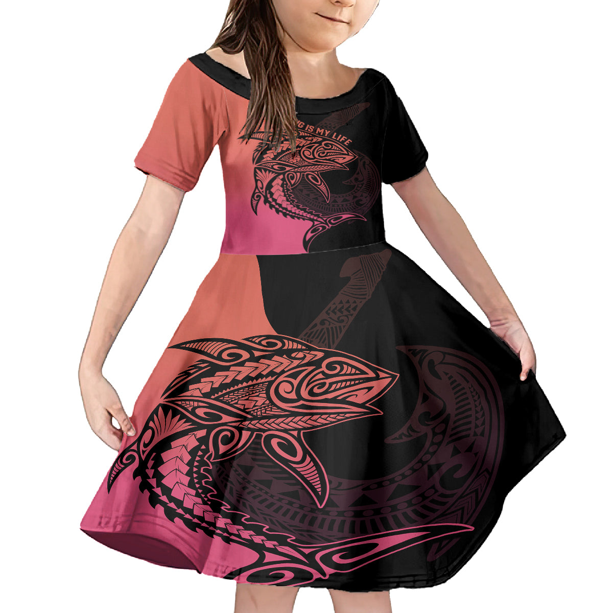 Personalised Polynesia Fishing Family Matching Tank Maxi Dress and Hawaiian Shirt With Maori Hei Matau Fish Hook Pink Art LT9 Daughter's Dress Pink - Polynesian Pride