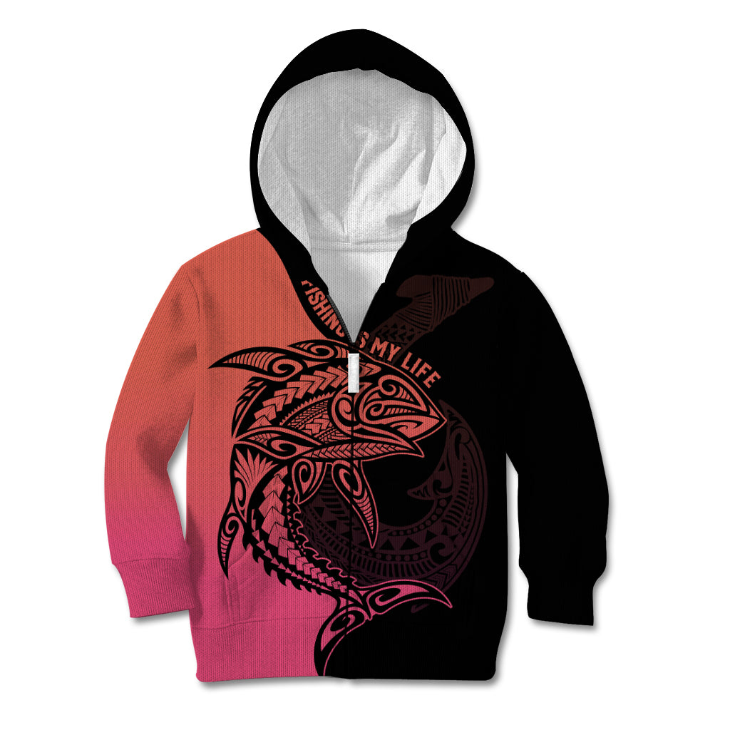 Personalised Polynesia Fishing Kid Hoodie With Maori Hei Matau Fish Hook Pink Art LT9 Zip Hoodie Pink - Polynesian Pride