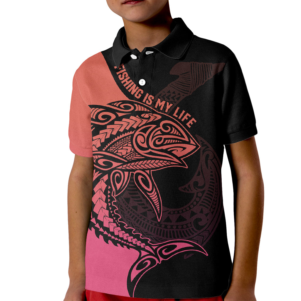 Personalised Polynesia Fishing Kid Polo Shirt With Maori Hei Matau Fish Hook Pink Art LT9 Kid Pink - Polynesian Pride