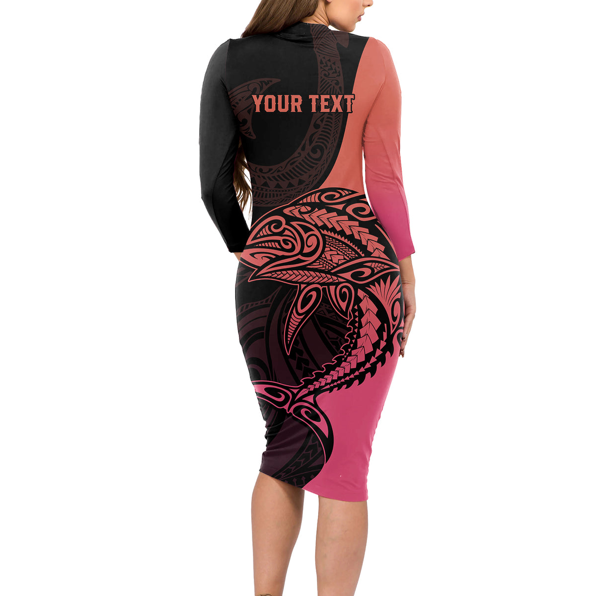 personalised-polynesia-fishing-long-sleeve-bodycon-dress-with-maori-hei-matau-fish-hook-pink-art