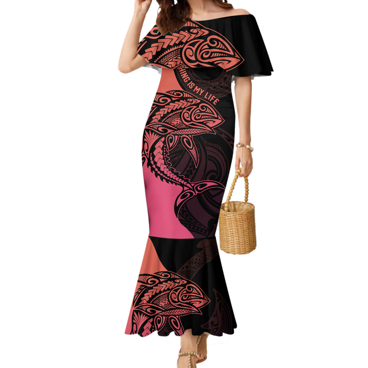 personalised-polynesia-fishing-mermaid-dress-with-maori-hei-matau-fish-hook-pink-art