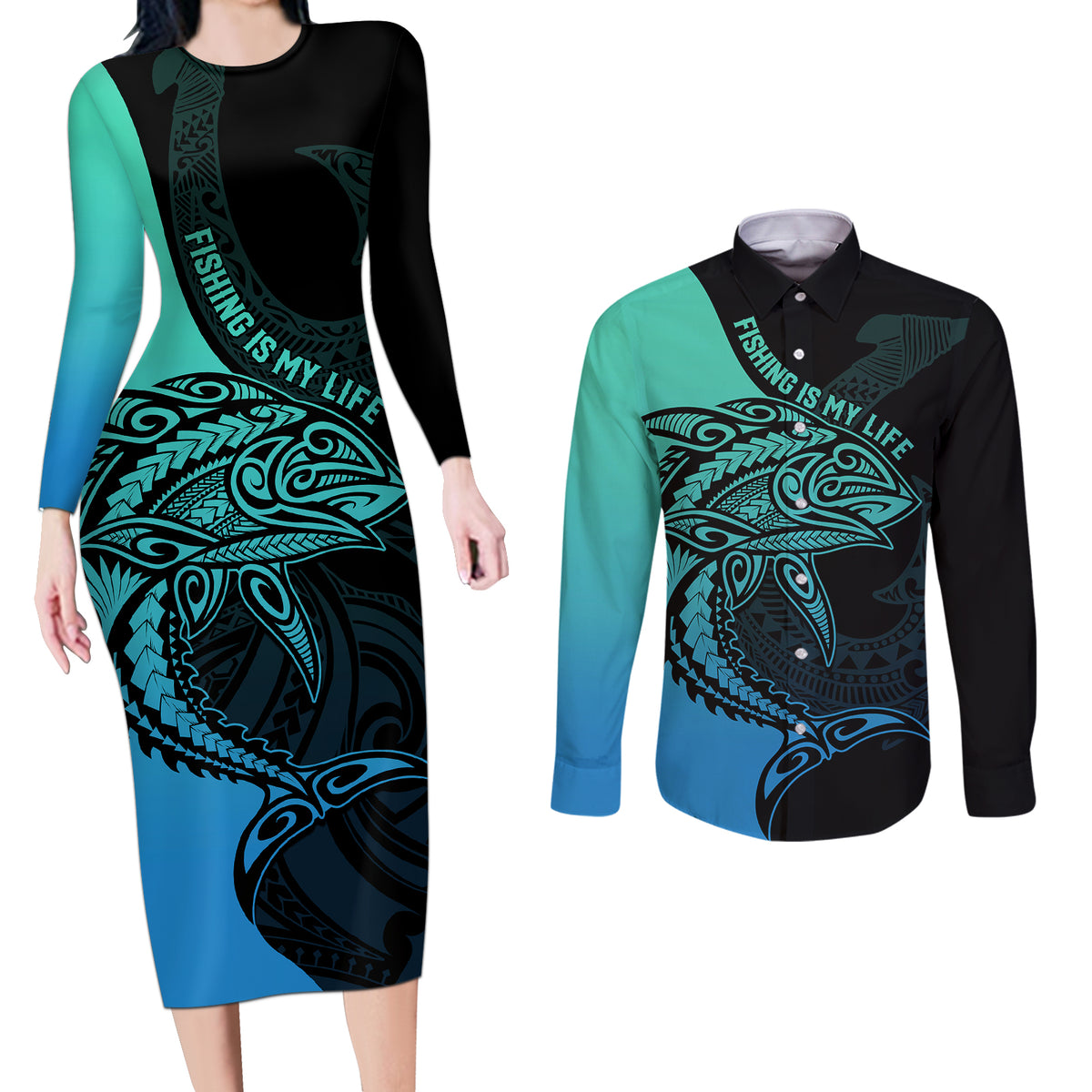 Personalised Polynesia Fishing Couples Matching Long Sleeve Bodycon Dress and Long Sleeve Button Shirts With Maori Hei Matau Fish Hook Turquoise Art LT9 Turquoise - Polynesian Pride