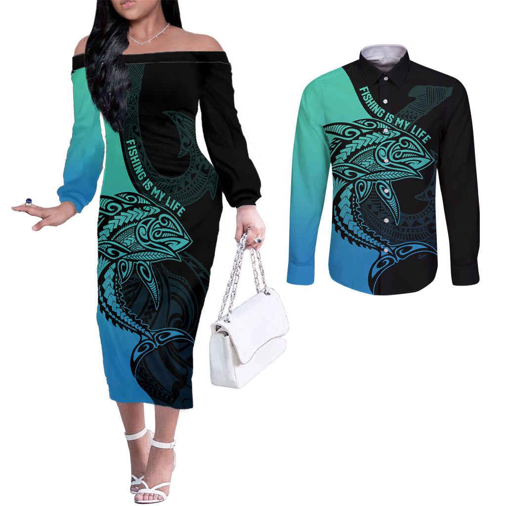 Personalised Polynesia Fishing Couples Matching Off The Shoulder Long Sleeve Dress and Long Sleeve Button Shirts With Maori Hei Matau Fish Hook Turquoise Art LT9 Turquoise - Polynesian Pride