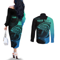 Personalised Polynesia Fishing Couples Matching Off The Shoulder Long Sleeve Dress and Long Sleeve Button Shirts With Maori Hei Matau Fish Hook Turquoise Art LT9 - Polynesian Pride
