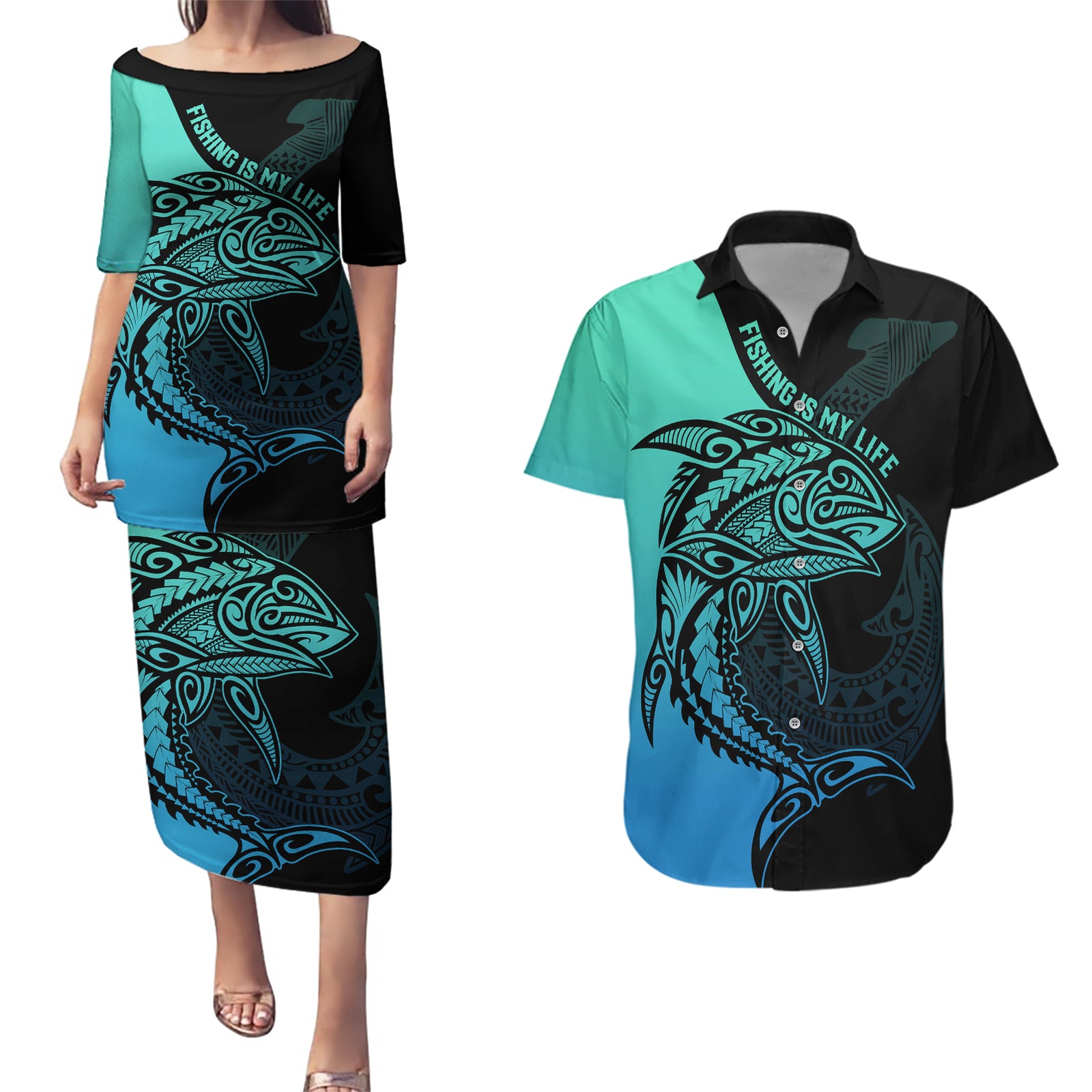 personalised-polynesia-fishing-couples-matching-puletasi-dress-and-hawaiian-shirt-with-maori-hei-matau-fish-hook-turquoise-art
