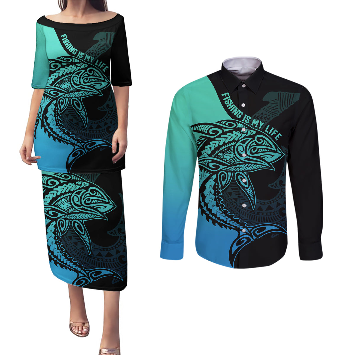 Personalised Polynesia Fishing Couples Matching Puletasi Dress and Long Sleeve Button Shirts With Maori Hei Matau Fish Hook Turquoise Art LT9 Turquoise - Polynesian Pride
